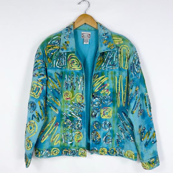 Carrie Allen Women's Vintage Artsy Embroidered Jacket Large Turquoise Retro - Picture 1 of 14